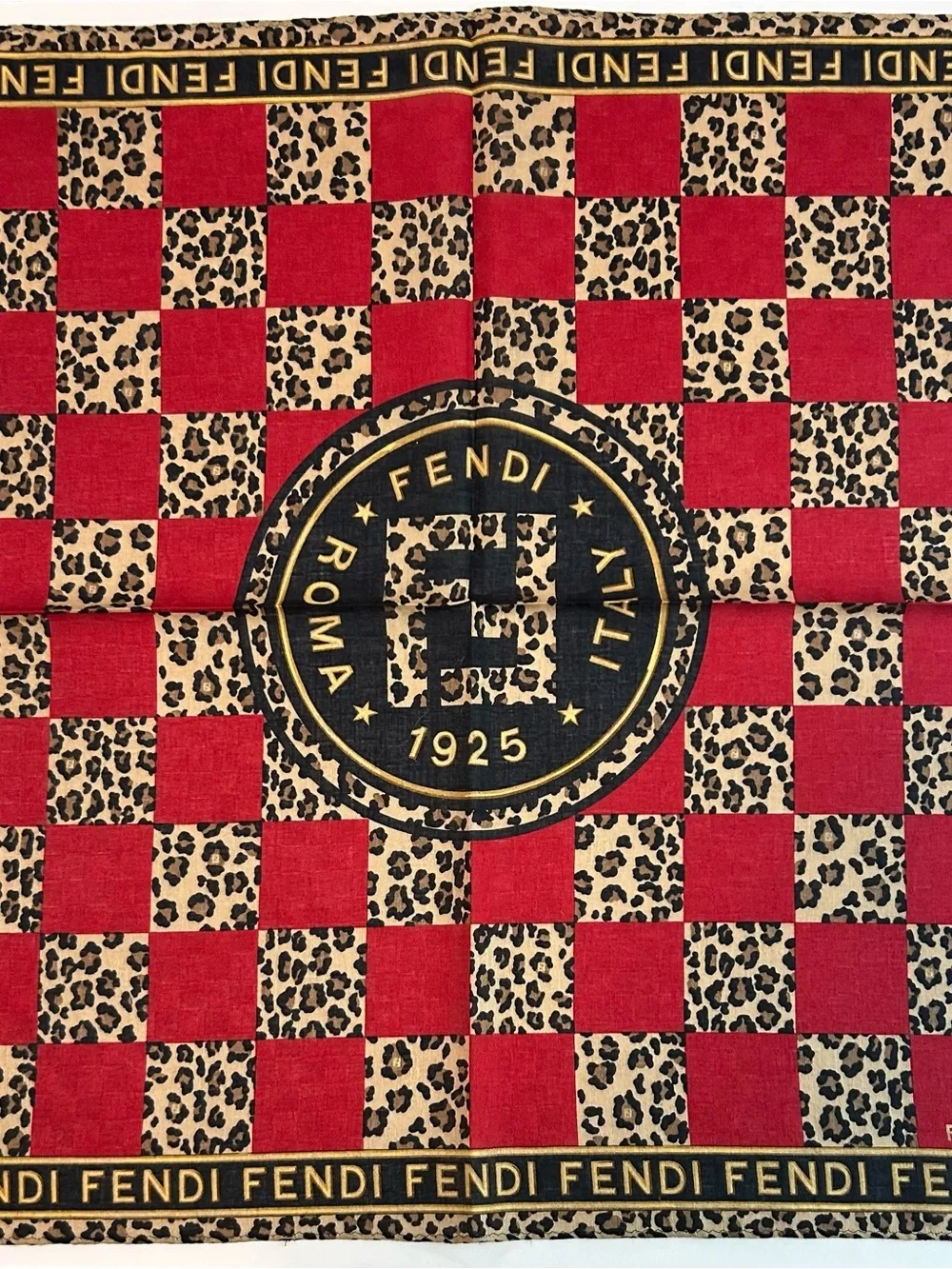 FENDI HANDKERCHIEF COTTON Red Brown Leopard Tiger Print POCKET SQUARE 19”